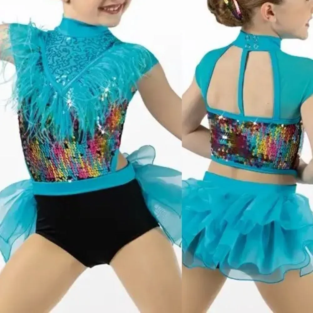 WEISSMAN Dance costume feather teal sequins sassy A Deeper Love 14471 LC child